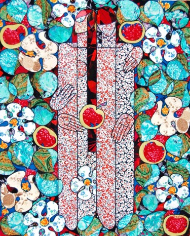 Collages titled "Соблазн" by Alexander Breskin, Original Artwork, Fabric Mounted on Cardboard