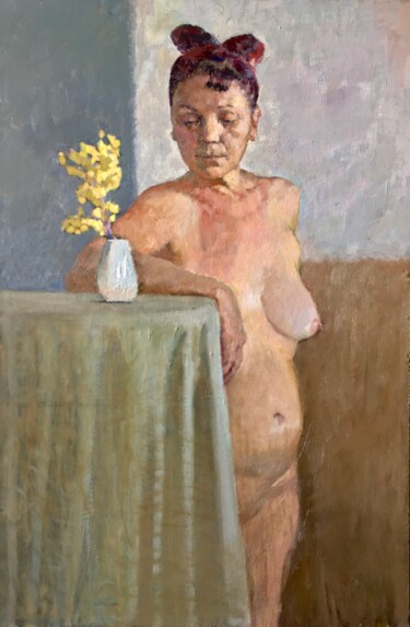 Painting titled ""Женщина с веточкой…" by Alexander Ganshin, Original Artwork, Oil