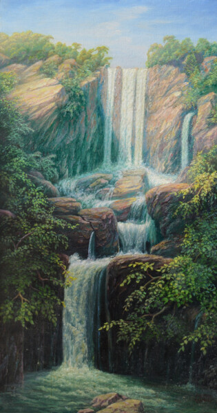 Malarstwo zatytułowany „Waterfall in the ri…” autorstwa Alexander Golubov, Oryginalna praca, Olej