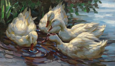 Painting titled "Quatre canards au b…" by Alexander Koester, Original Artwork, Oil