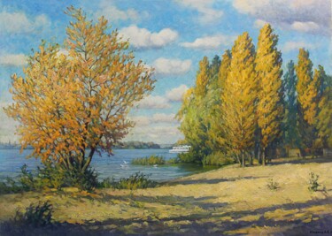 Peinture intitulée "Осенний Днепр. Пляж" par Aleksandr Kusenko, Œuvre d'art originale, Huile