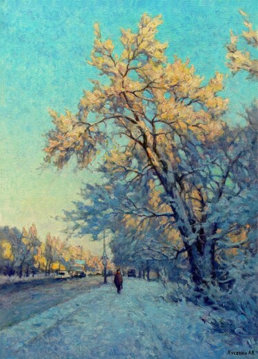 Pintura intitulada "Зимовий вечір" por Aleksandr Kusenko, Obras de arte originais, Óleo