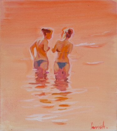Painting titled "Bathing at Sunset" by Alexander Levich, Original Artwork, Oil Mounted on Wood Stretcher frame