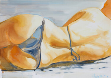 Painting titled "The Beach Reads" by Alexander Levich, Original Artwork, Oil Mounted on Wood Stretcher frame
