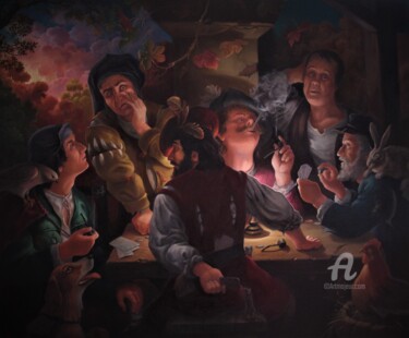 Malarstwo zatytułowany „Players in cards” autorstwa Александр Михальчук, Oryginalna praca, Olej