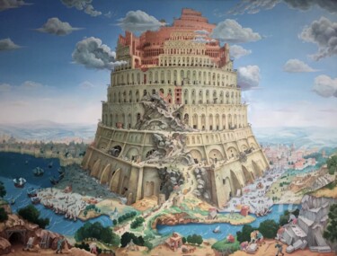 Malerei mit dem Titel "The Tower of Babel.…" von Aleksandr Mikhalchuk, Original-Kunstwerk, Öl