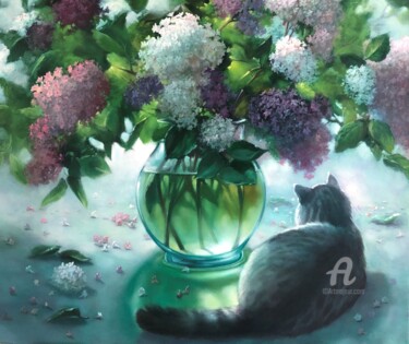 Pintura titulada "Cat and Lilac." por Aleksandr Mikhalchuk, Obra de arte original, Oleo