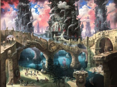 Painting titled "Towers and bridges." by Aleksandr Mikhalchuk, Original Artwork, Oil