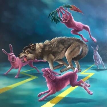 Pintura intitulada "Cute pink bunnies.…" por Aleksandr Mikhalchuk, Obras de arte originais, Óleo