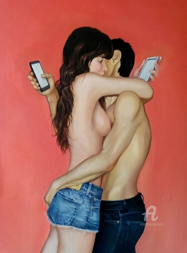 Schilderij getiteld "Smartphone." door Aleksandr Mikhalchuk, Origineel Kunstwerk, Olie