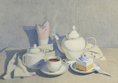 Peinture intitulée "Tea and cake" par Alexander Mukhin-Cheboksarsky, Œuvre d'art originale, Aquarelle