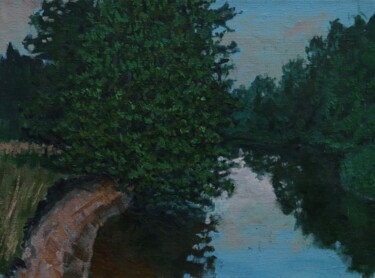 Painting titled "River" by Alexander Sovtsa, Original Artwork, Oil Mounted on Wood Stretcher frame