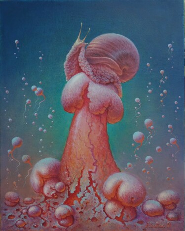 Painting titled "Mushroom rain" by Alexander Sultan, Original Artwork, Oil Mounted on Wood Stretcher frame