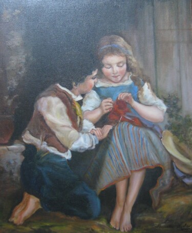 Painting titled "Learning to Knit" by Alexander Taylor Dickie, Original Artwork, Oil Mounted on Wood Stretcher frame