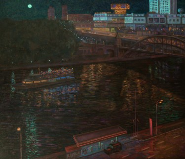 Malerei mit dem Titel "Night Quay" von Alexander Telin, Original-Kunstwerk, Öl