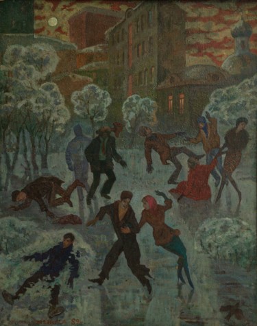 Painting titled "Slipping on the Ice" by Alexander Telin, Original Artwork, Oil