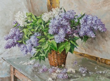 Painting titled "Lilac on the table" by Alexander Volya, Original Artwork, Oil