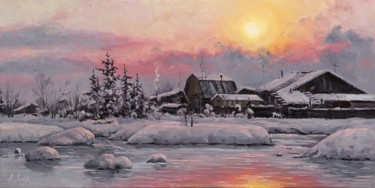Schilderij getiteld "Winter river, villa…" door Alexander Volya, Origineel Kunstwerk, Olie