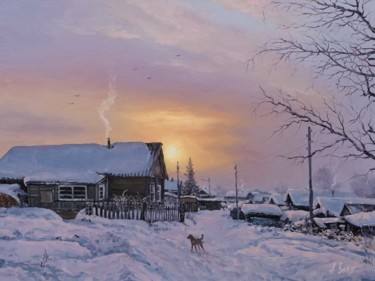 Painting titled "Winter sunrise. Dog" by Alexander Volya, Original Artwork, Oil