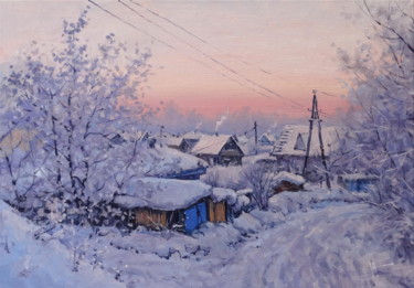 Pintura intitulada "Winter in village.…" por Alexander Volya, Obras de arte originais, Óleo