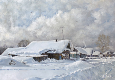 Картина под названием "Snowy winter in vil…" - Alexander Volya, Подлинное произведение искусства, Масло