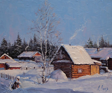 Schilderij getiteld "Winter Village. Bat…" door Alexander Volya, Origineel Kunstwerk, Olie