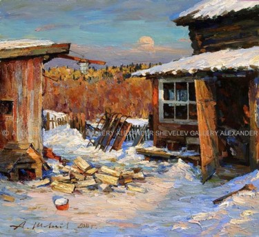 Painting titled "Дворик.Холст,масло…" by Aleksandr Shevelev, Original Artwork, Oil