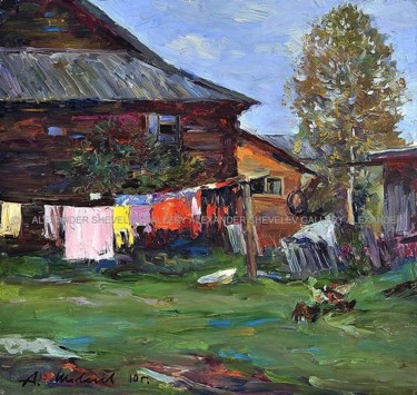 Painting titled "За домом в Шерехови…" by Aleksandr Shevelev, Original Artwork, Oil