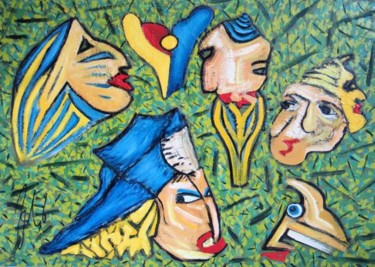 Malerei mit dem Titel "Masks In Blue" von Alexander Zalik, Original-Kunstwerk