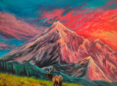 Painting titled "Pink mountains" by Alexandr Arzhanov, Original Artwork, Acrylic Mounted on Wood Stretcher frame
