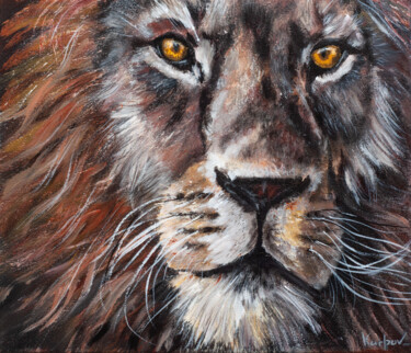 Painting titled "Wise Lion portrait" by Alexandr Karpov, Original Artwork, Acrylic Mounted on Wood Stretcher frame