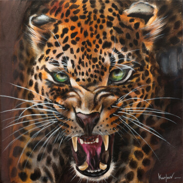Painting titled "Angry Leopard" by Alexandr Karpov, Original Artwork, Acrylic Mounted on Wood Stretcher frame