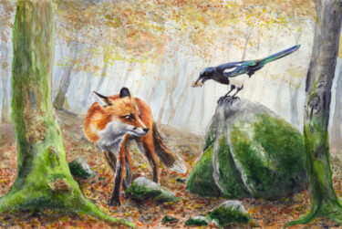 Malerei mit dem Titel "Fox & Magpie in the…" von Alexandr Karpov, Original-Kunstwerk, Aquarell