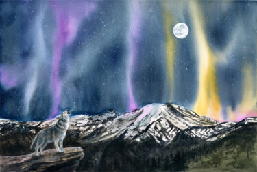 Pintura intitulada "Wolf in Northern Li…" por Alexandr Karpov, Obras de arte originais, Aquarela