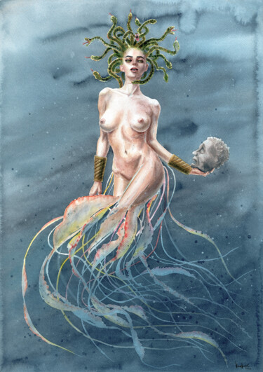 Painting titled "Gorgeous Medusa Gor…" by Alexandr Karpov, Original Artwork, Watercolor
