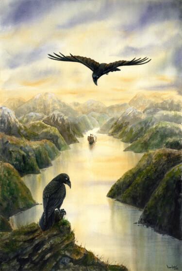 Malerei mit dem Titel "Raven`s Fjord. Watc…" von Alexandr Karpov, Original-Kunstwerk, Aquarell