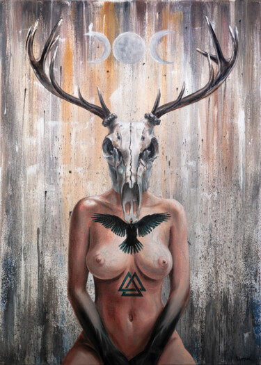 Schilderij getiteld "Horned Goddess" door Alexandr Karpov, Origineel Kunstwerk, Olie