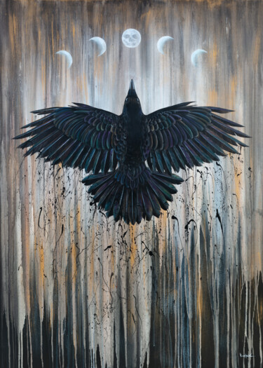 Malerei mit dem Titel "Black Raven & 5 Moo…" von Alexandr Karpov, Original-Kunstwerk, Acryl