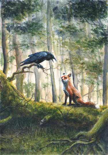 Peinture intitulée "Raven & Fox" par Alexandr Karpov, Œuvre d'art originale, Aquarelle