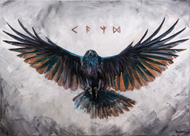 Ζωγραφική με τίτλο "Runic Raven in flig…" από Alexandr Karpov, Αυθεντικά έργα τέχνης, Λάδι Τοποθετήθηκε στο Ξύλινο φορείο σκ…