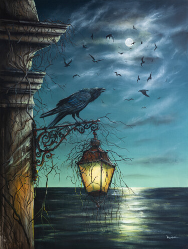 Pintura intitulada "Ravens Under Moon L…" por Alexandr Karpov, Obras de arte originais, Acrílico