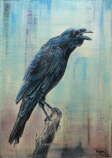 Peinture intitulée "Raven on a branch" par Alexandr Karpov, Œuvre d'art originale, Acrylique Monté sur Châssis en bois