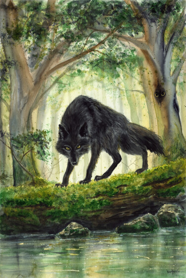 Картина под названием "Black Wolf in the F…" - Alexandr Karpov, Подлинное произведение искусства, Акварель