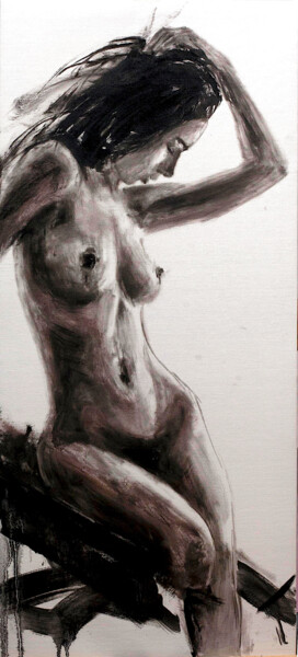 Painting titled "Nude Woman Sitting…" by Alexandr Klemens, Original Artwork, Oil Mounted on Wood Stretcher frame