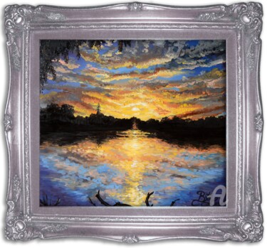 Painting titled "sunset over the riv…" by Alexandra Andreea Branea, Original Artwork, Oil