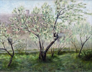 Painting titled "Blooming apple trees" by Alexandra Da, Original Artwork, Oil