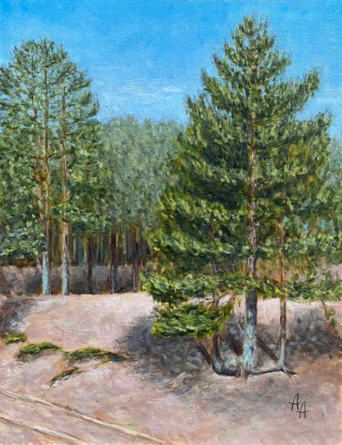 Painting titled "Landscape with pine…" by Alexandra Da, Original Artwork, Oil