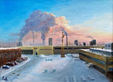 Painting titled "Winter cityscape" by Alexandra Da, Original Artwork, Oil