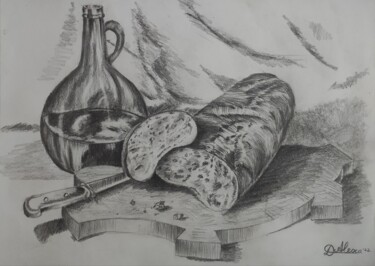 Drawing titled "Wine and bread" by Alexandra Dumitru, Original Artwork, Pencil