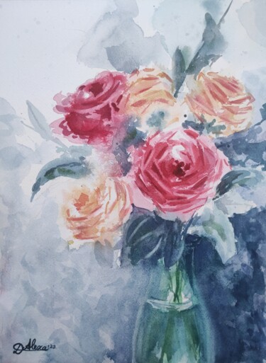 Malerei mit dem Titel "Vase with Roses" von Alexandra Dumitru, Original-Kunstwerk, Aquarell